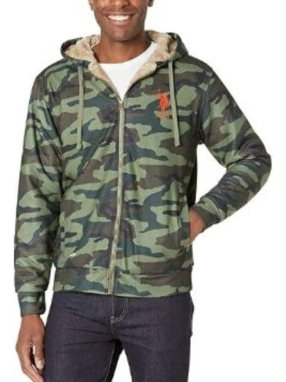 US Polo Assn. Sherpa Camo Hoodie Full Zip Lined Mens Size Large NWT